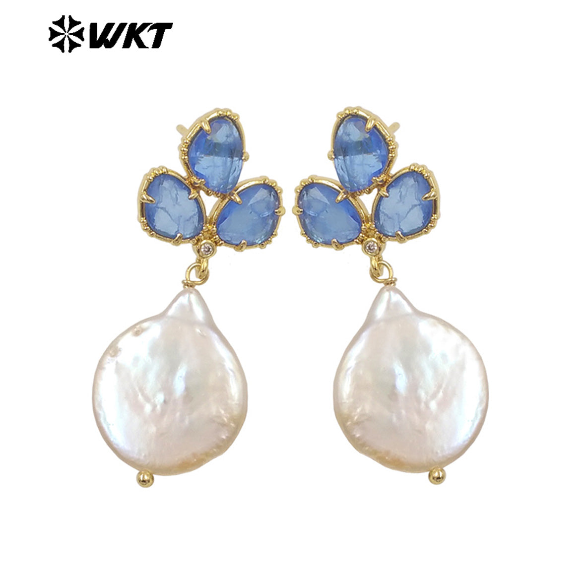 WT-MPE136 Wholesale Fashion Gold Plated Precious Natural Round Coin Real Pearl Earring Studs With Fashion Saphire