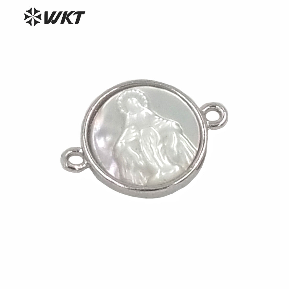 WT-MP170 Religious Design Gold Guadalupe Pendant Gold Metal Bezel Setting White Pearl Shell Connectors Tiny Charm Jesus Pendant