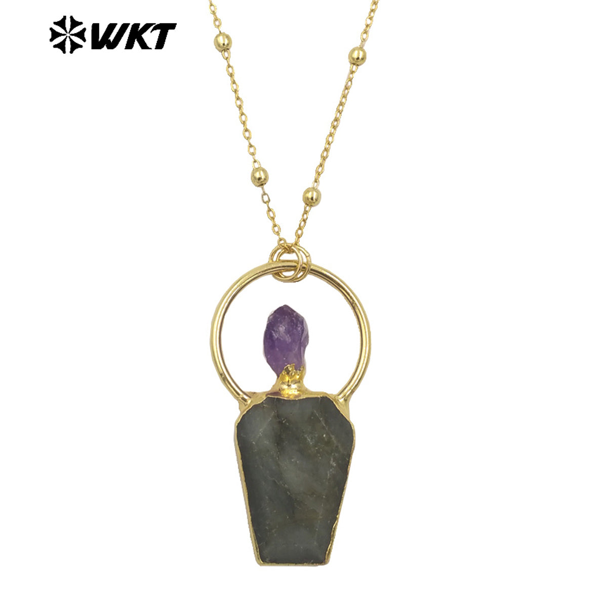 WT-N1465 Newest Fashion Gold Plated Gemstone Carved With Big Ring Hoop Charming Stone Necklace for Birthday Gift