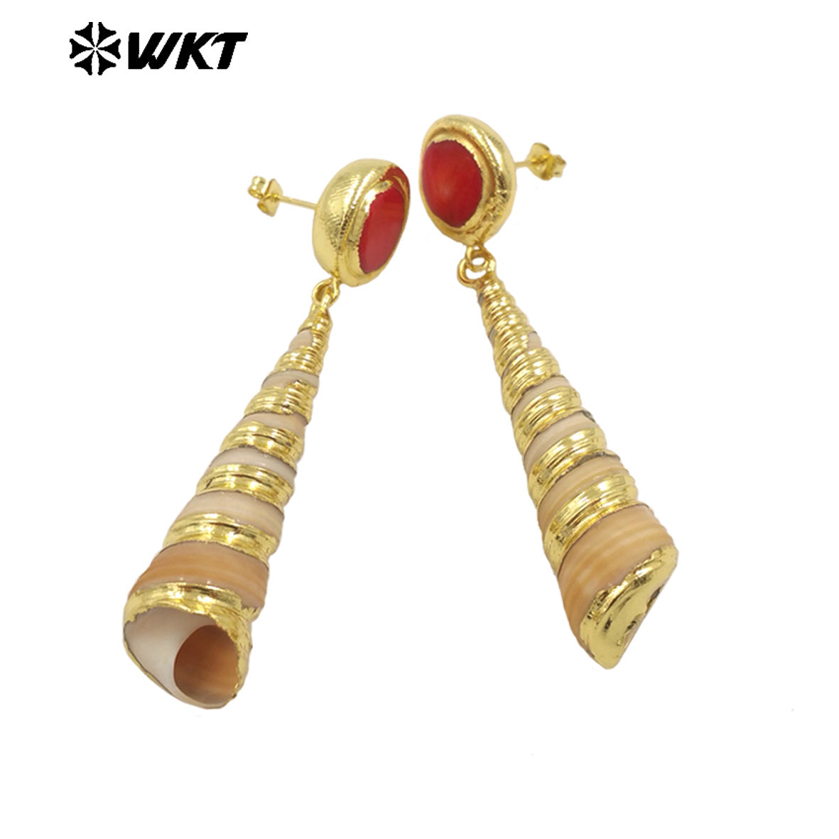 WT-MPE140 New Arrivals Fashion Unique Design 18K Gold Plated Red Coral Shell Trumpet Earrings Jewelry for Women As Special Gift
