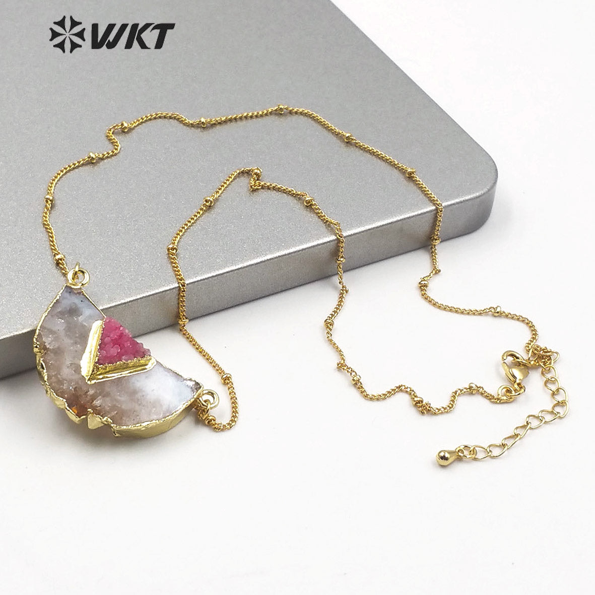 WT-N1208 Wholesale Natural Yellow Citrine Quartz Necklace With Druzy Quartz Charm Fashion Charm Jewelry Yellow Stone Necklace