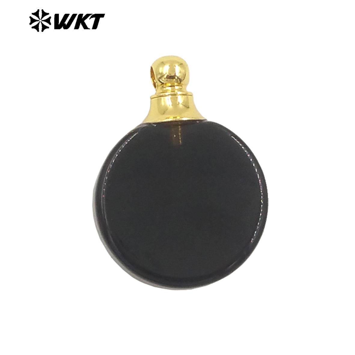 WT-P1982 Wholesale Fashion High Polish Round Flat Women Gold Loops Natural Gemstone Made Amethyst Essencial Oil Bottle Pendant