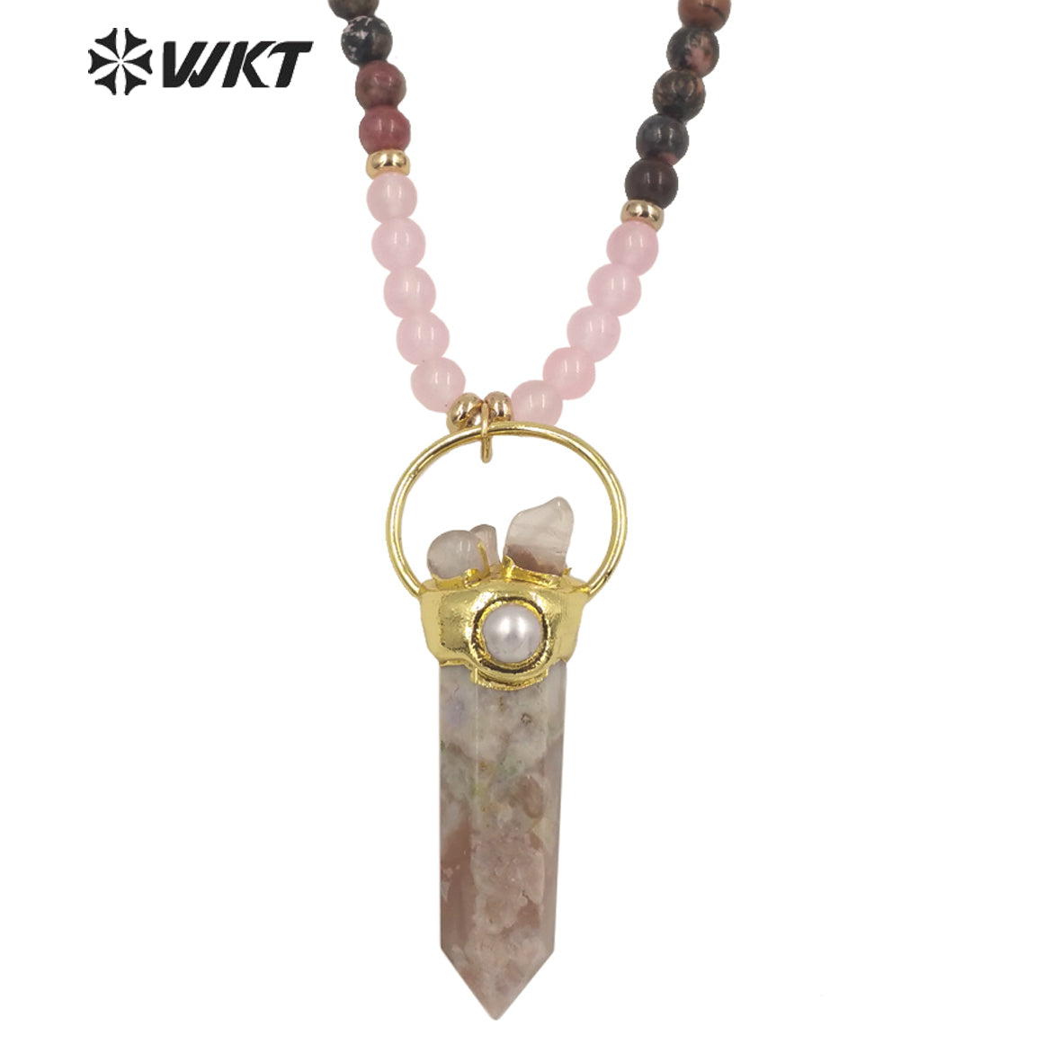 WT-N1338 WKT Women Fashion 30 Inch Long Bead Necklace Handmade Vintage Boho Gemstone Big Quartz Point Necklace Beads Necklace