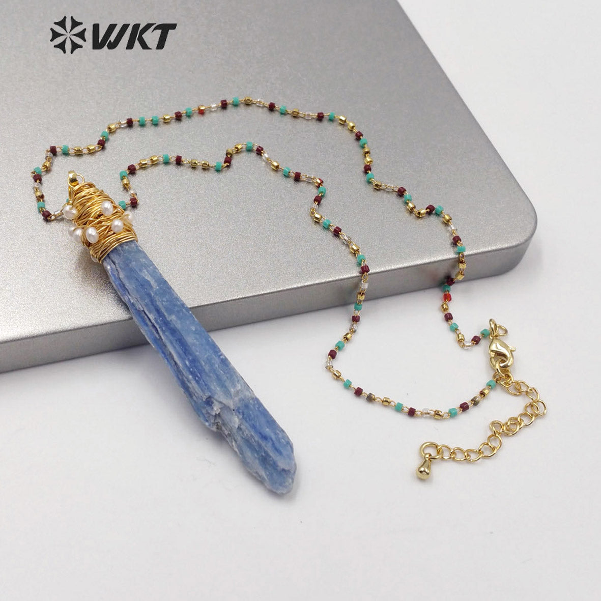 WT-N1217 Popular Wire Wrapped Blue Kyanite Necklace Fashion Lady Charm Jewelry Raw Blue Kyanite Necklace