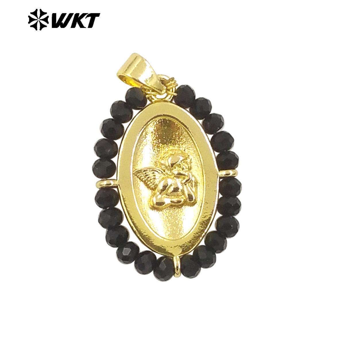WT-MN994 2024 New Popular Gold Plated With Handmade Crystal Wire Wrapped Beads Around Angel Medal Christian Jewelry Necklace