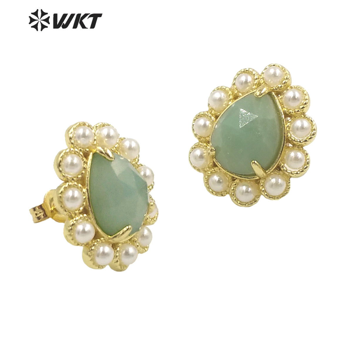 WT-MPE124 Charming Drop Natural Gemstone Made With Artificial Pearl Gold Bezel Setting Women Earring Studs