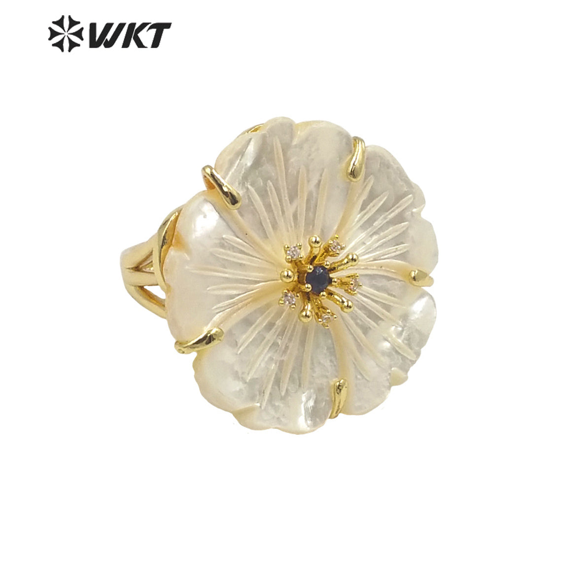 WT-MPR069 Gorgeous Trendy Fashion Natural White Shell and Zircon Flower Shaped Ring for Women Lucky Unique Design Ring