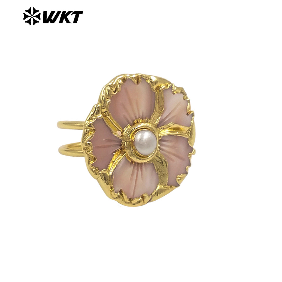 WT-MPR148 Beautiful Hand Carved Flower Shape Pink White Shell And Pearl 18K Gold Plated Rings For Ladies Elegant Jewelry