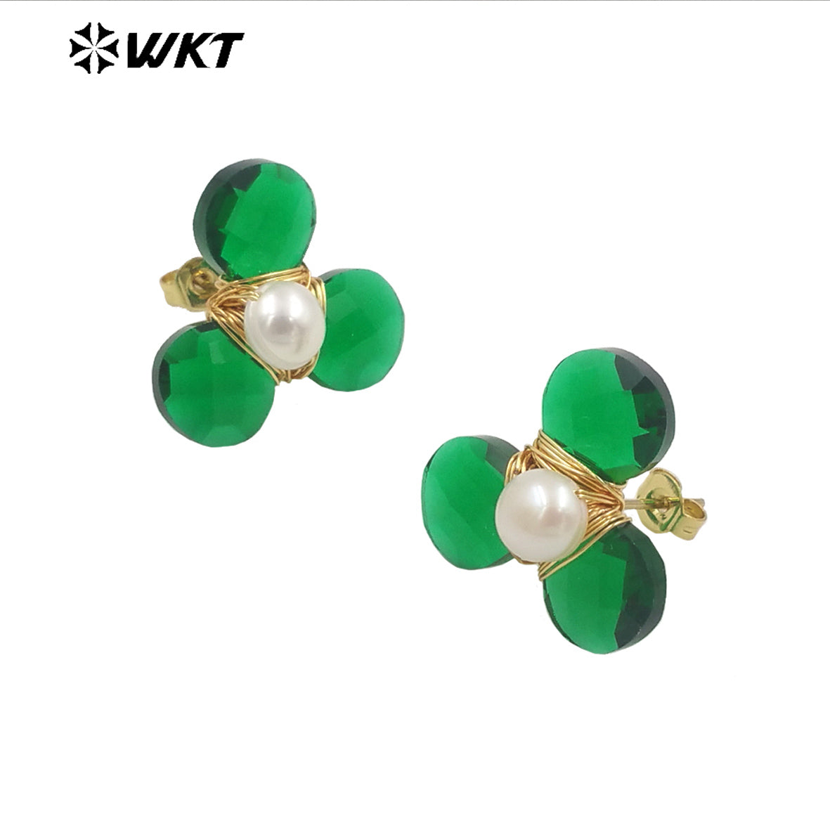 WT-E723 Women New Earrings Design Colorful Cat Eye Stone Flower Studs Handmade Wire Wrapped Pearl Leaf Fashion Girl Earrings