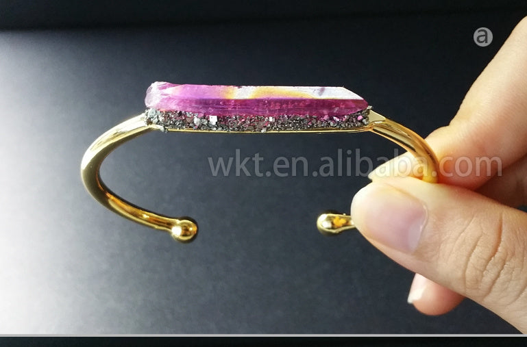 WT-B212 Fashion Vintage Trendy Amazing Aura Crystal Quartz Bangle Bracelet,Fashion Titanium Electroplated Quartz Bracelet