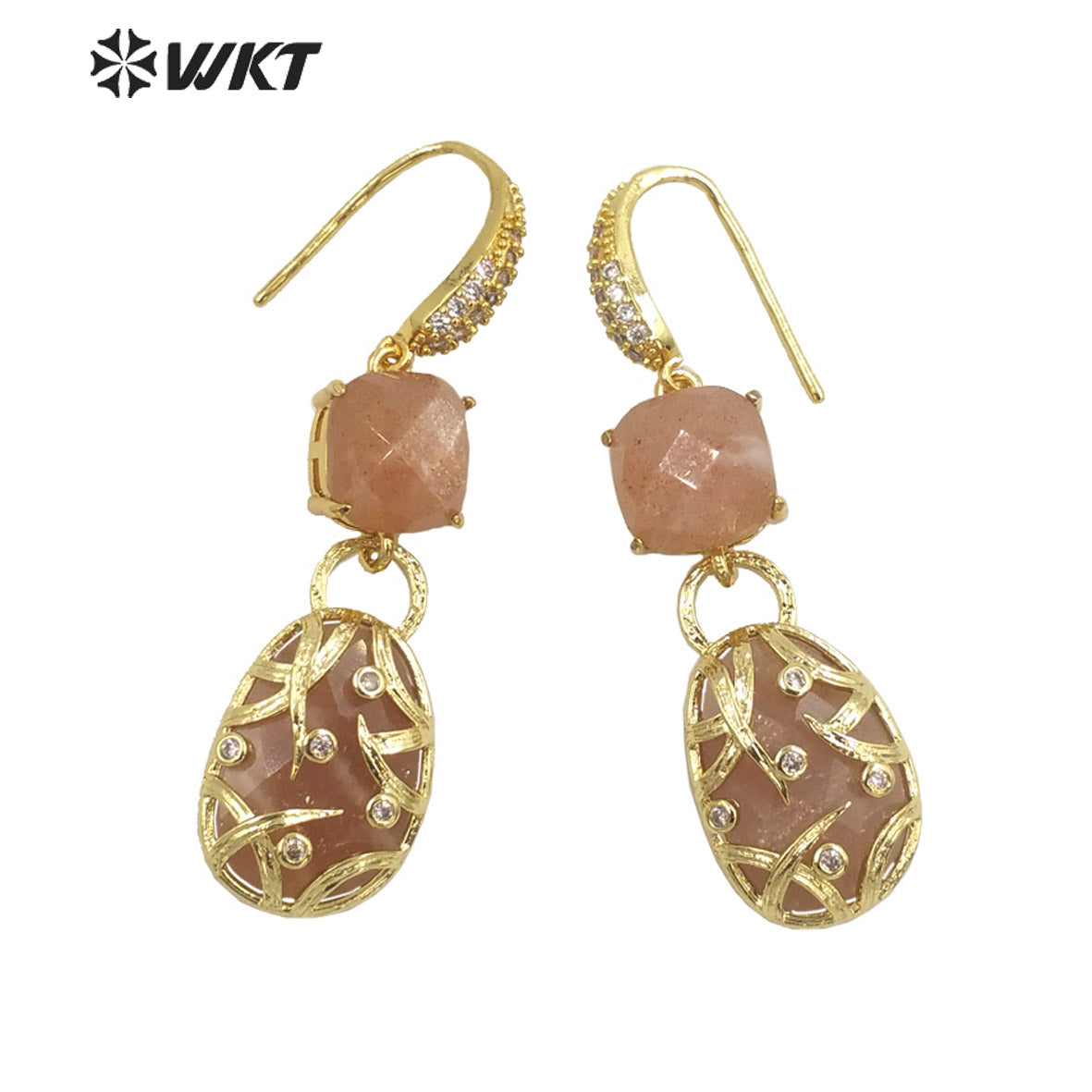 WT-E691 Fashion Double Stone Handmade Claw Setting Bezel Earrings Women Delicate Long Hoop Amethyst Stone Earrings