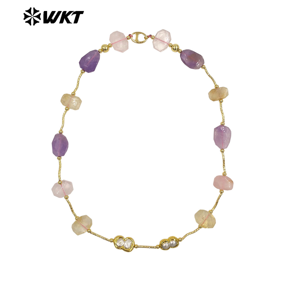WT-N1492 Wonderful Design Lady Fashion Gorgeous Precious Natural Amethyst and Rose Quartz Cushion Stone Handmade Necklace