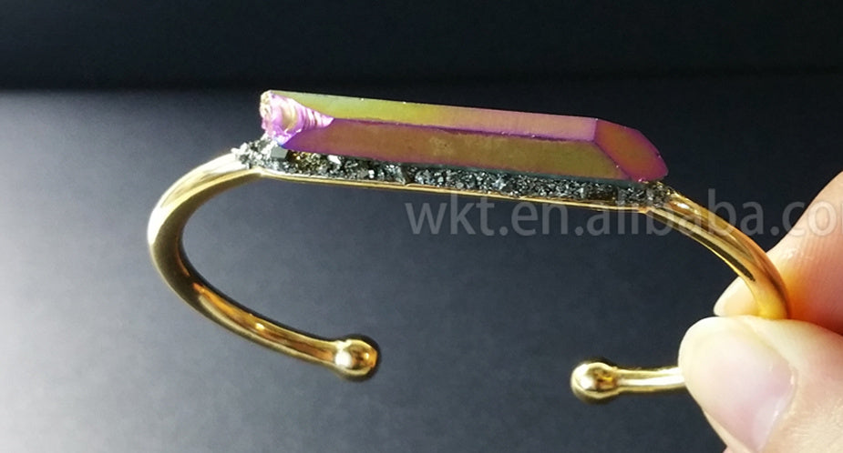 WT-B212 Fashion Vintage Trendy Amazing Aura Crystal Quartz Bangle Bracelet,Fashion Titanium Electroplated Quartz Bracelet