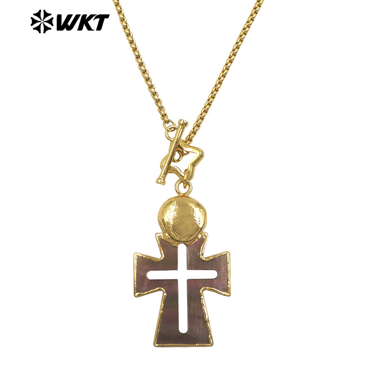 WT-JN353 Creative Gold Plated Chain With Star Clasp And Natural Shell Cross Hollow Pendant Necklace For Ladies Vintages Gift