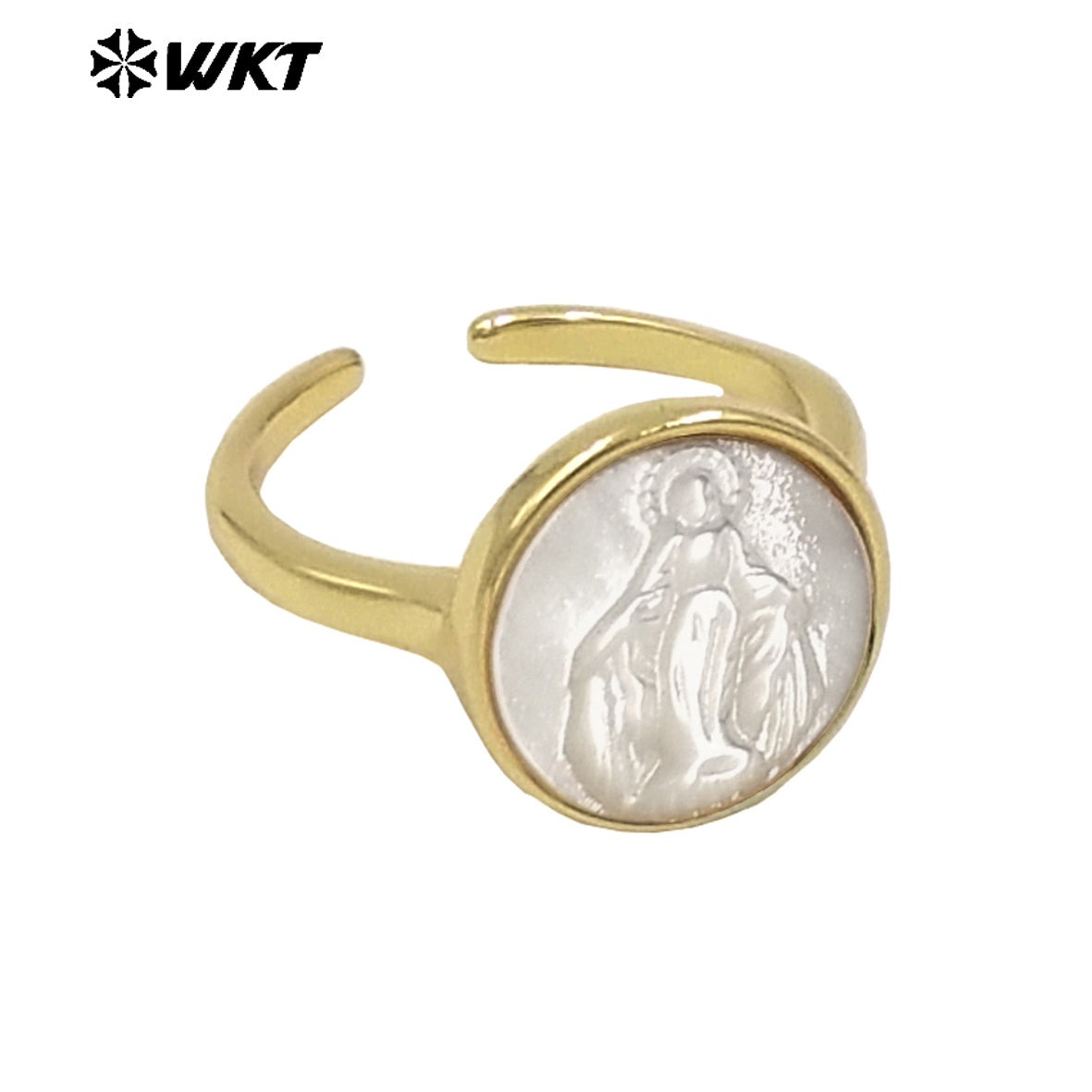 WT-MPR091 WKT New Religious Jewelry Design Elegant White Mop Carved Lady of Grace Saint Ring for Women