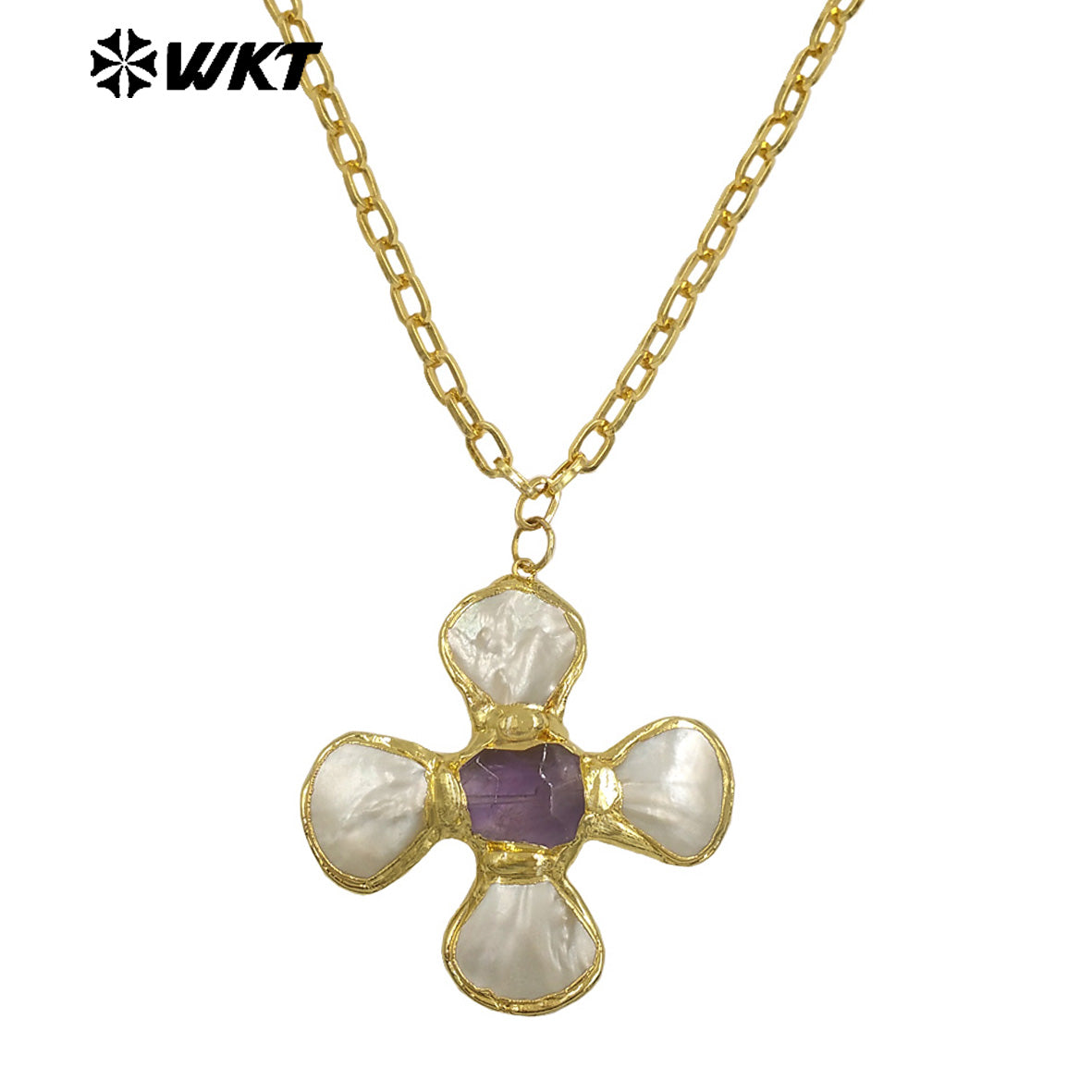 WT-JN346 Popular 18K Gold Plated Natural Turquoise Amethyst Stones And Shell Flower Shape Pendant Necklace As Party Jewelry