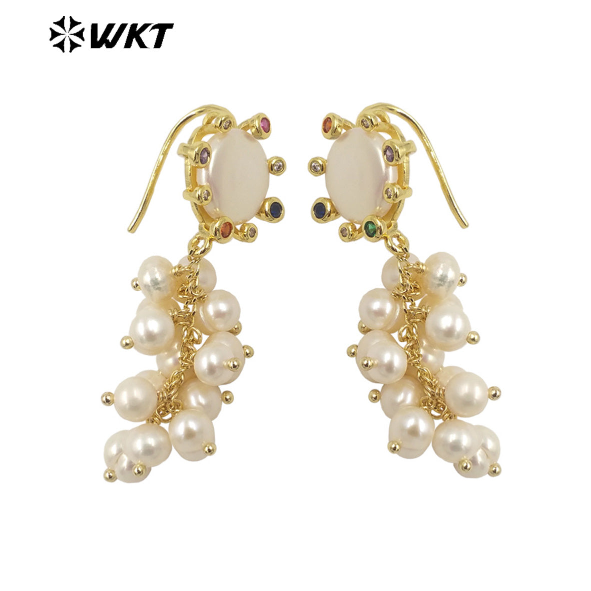 WT-MPE095 Wholesale Fashion Tiny Pearl Long Dangle Earrings Gorgeous Handmade Claw Setting Zircon Pearl Studs for Wedding