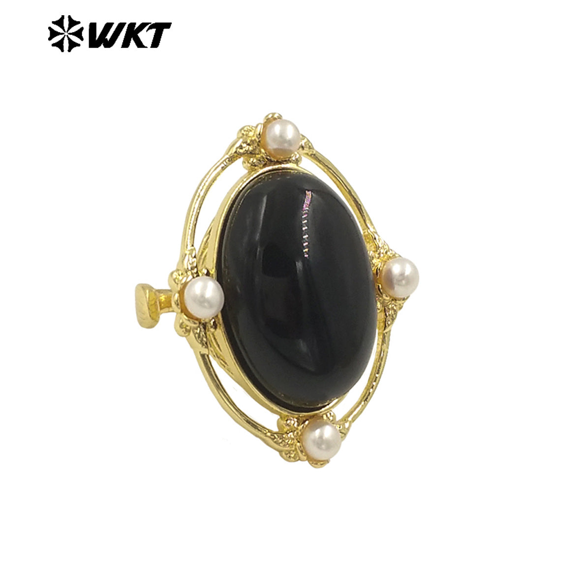 WT-R541 Wholesale Fashion Gold Plated Retro Natural Gemstone Lapis Amethyst Oval Stone With Pearl Beads Adjustable Women Ring