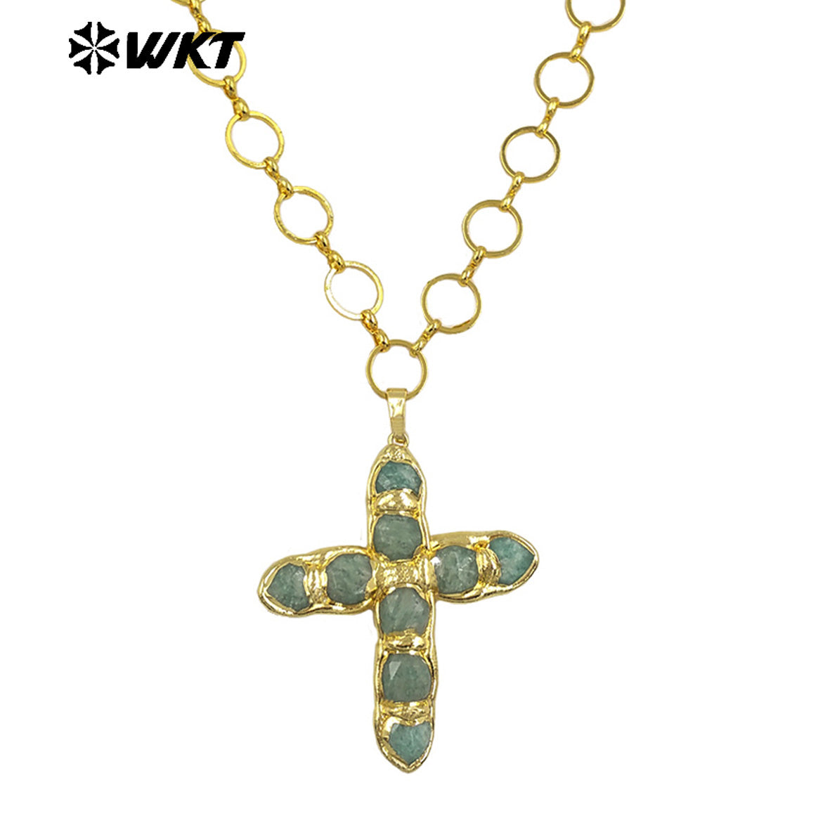 WT-N1491 Amazing High Quality Natural Gemstone Christian Necklace Cross Shape Gold Plated Circle Chain in Multi Colors