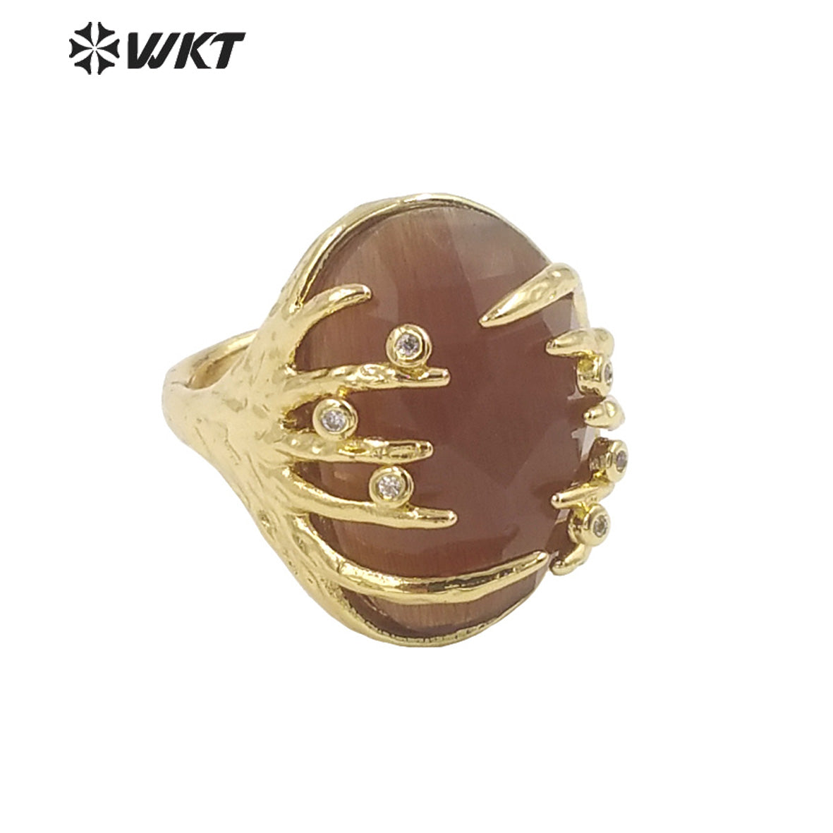 WT-R453 Wholesale Fashion Gold Bezel Claw Setting Oval Stone Ring Women Unique Trendy Cat Eye Stone Made Jewelry Party Ring