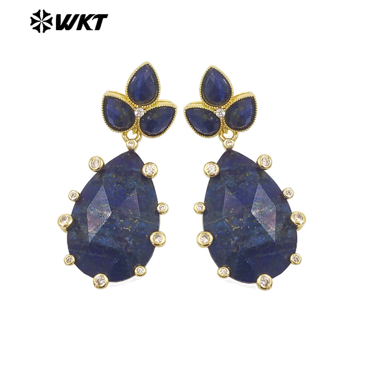 WT-E756 Gorgeous Precious Natural Amazonite Amethyst Gemstone Carved Long Teardrop Earrings With Zircon Around Trend Style