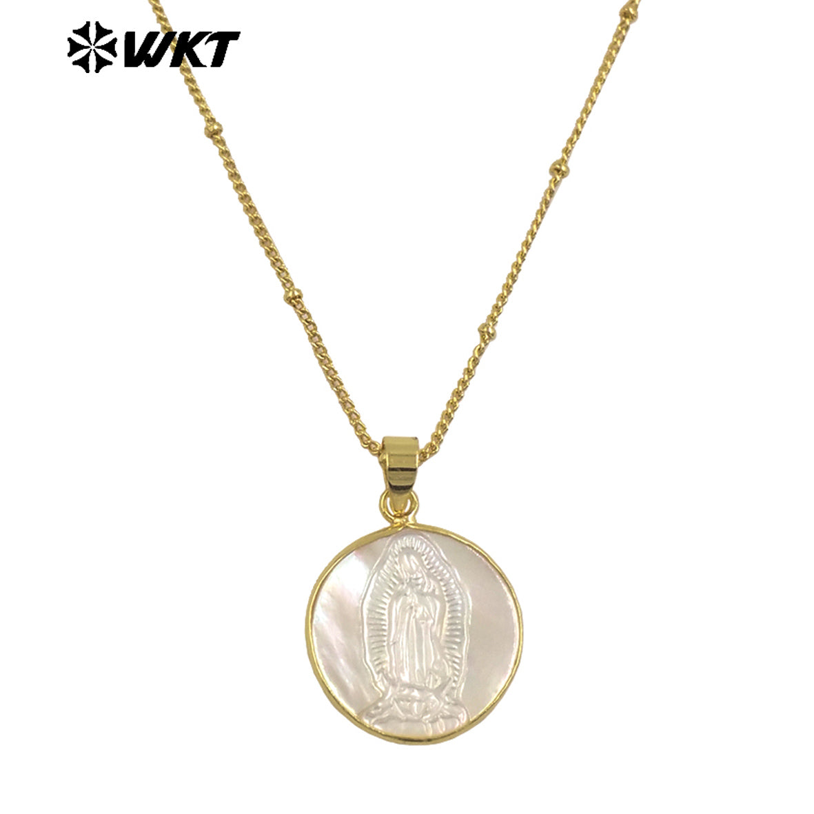 WT-JN032 New Hotsales White Shell Carved Mary of Guadalupe Pendant Necklace, Gold Bezel White Shell Jesus Mary Necklace