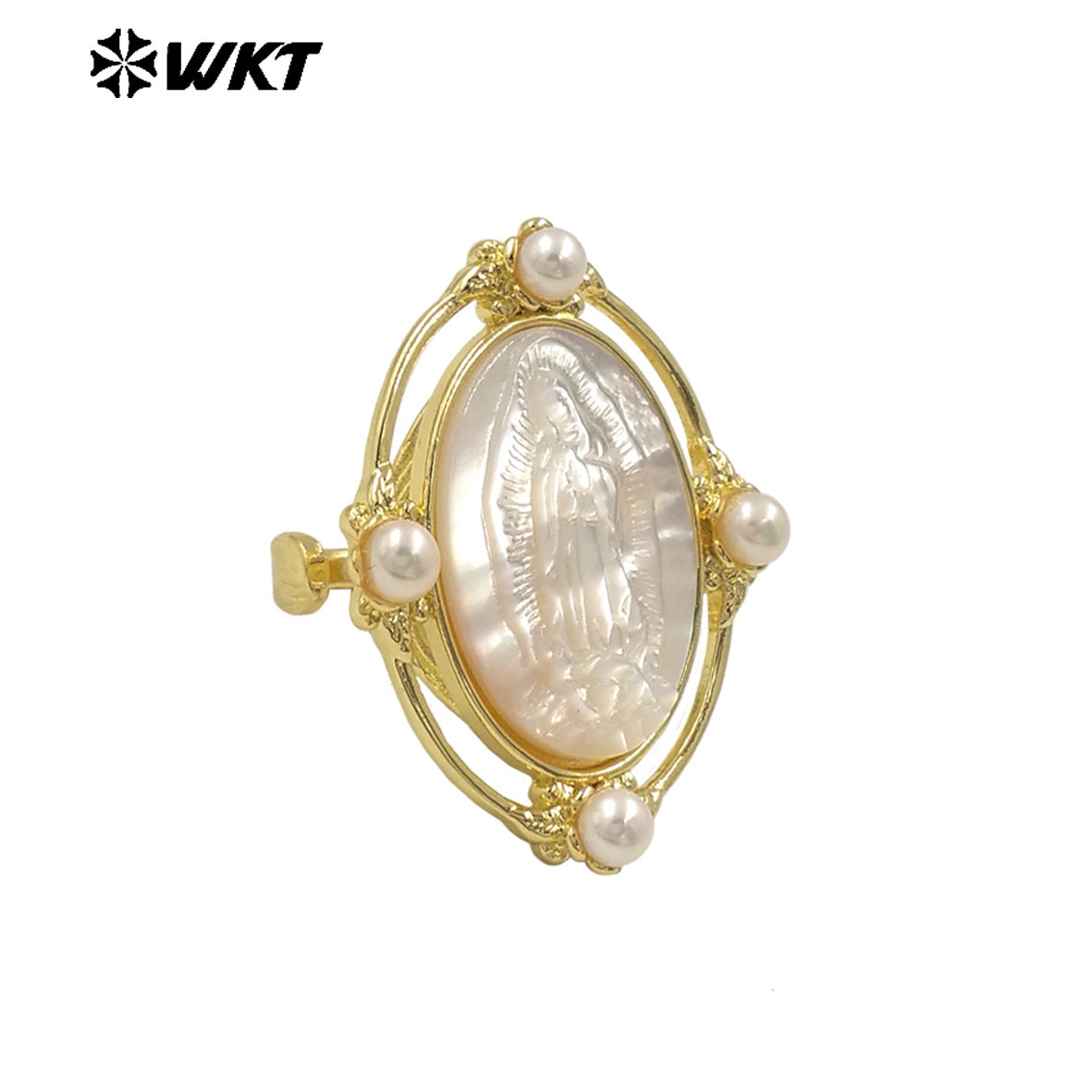 WT-MPR105 WKT Exclusive Newest 18K Real Gold Plated Oval Pearl Shell Virgin Mary Ring in Open Size Christian Jewelry