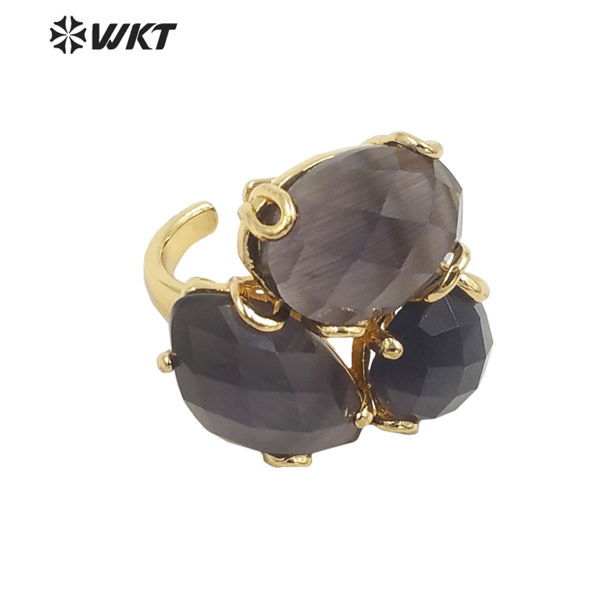 WT-R420 Europe Court style colorful Cat Eye stone Ring 18k real gold plated triple stone Flower Ring with Prong setting