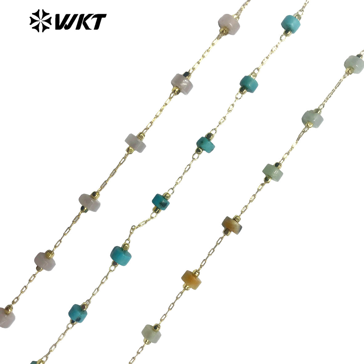 WT-RBC135 Fashion Accessory Stone Beads Chain 6mm Natural Stone Beads Rosary Necklace Chain Gold Plated Jewelry Beads Chain