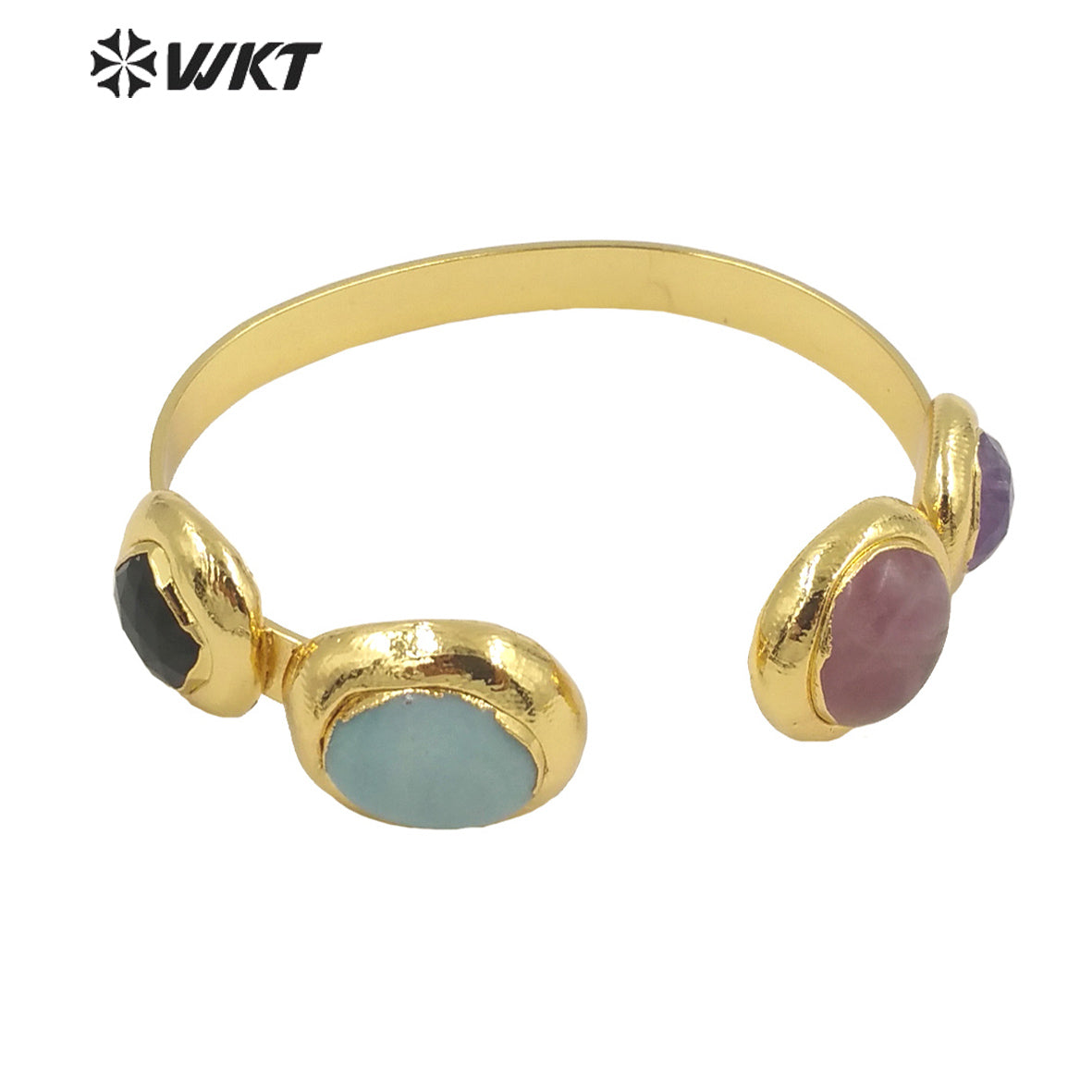 WT-B592 WKT 2022 Fashion Jewelry Sun Stone Amethyst Black Obsidian Adjustable Gold Bangle Natural Triple Stone Bangle