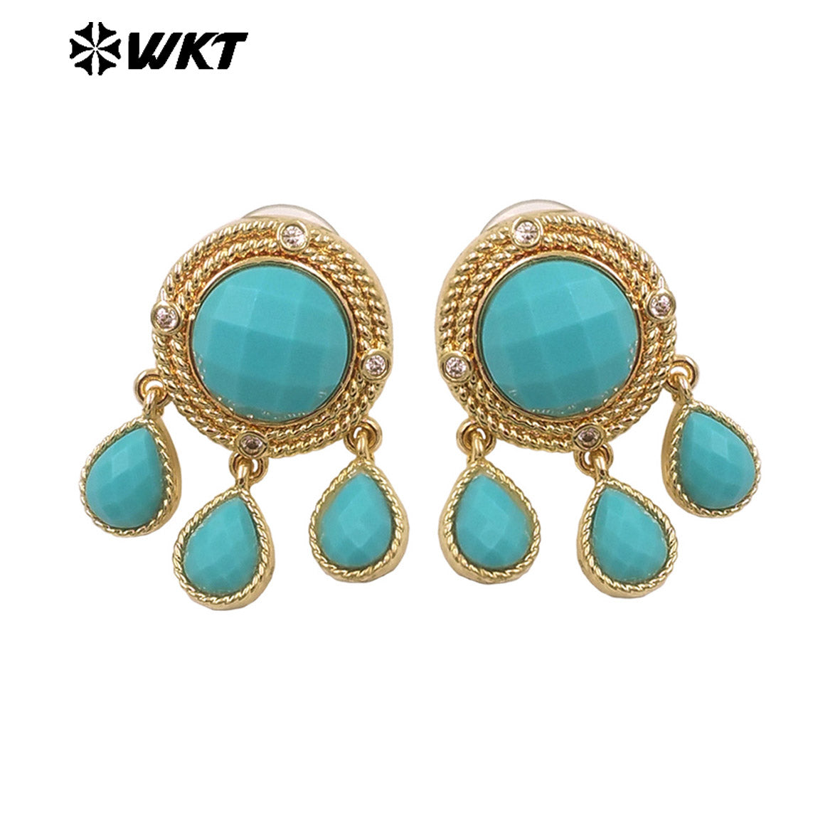 ME120 Wonderful Design Natural Gemstones Earrings With Zircon 18K Gold Plated Three Little Waterdrop Shape Stones Cute Jewelry