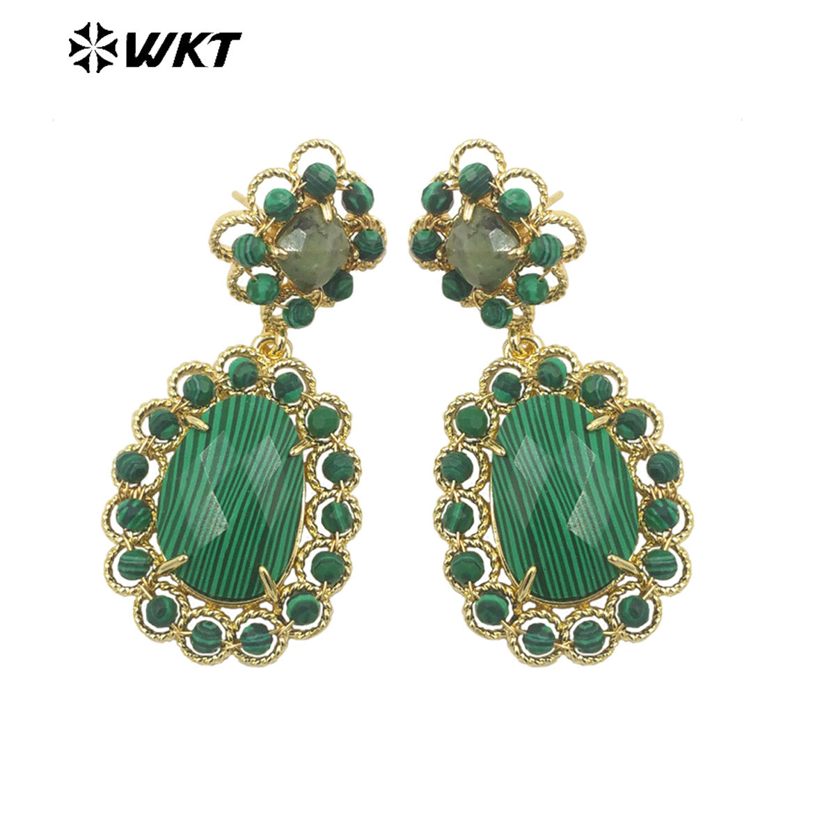 WT-E724 WKT Precious Natural Gemstone Carved with Wire Wrapped Tiny Stone Beads Made Earrings Charming Gorgeous Lapis Earrings