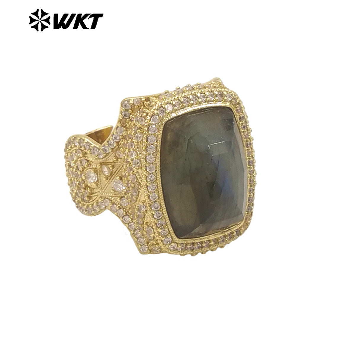 WT-MR033 Wholesale Fashion 18K Real Gold Plated Cubic Zircon and Natural Amazonite Amethyst Stone Ring for Women