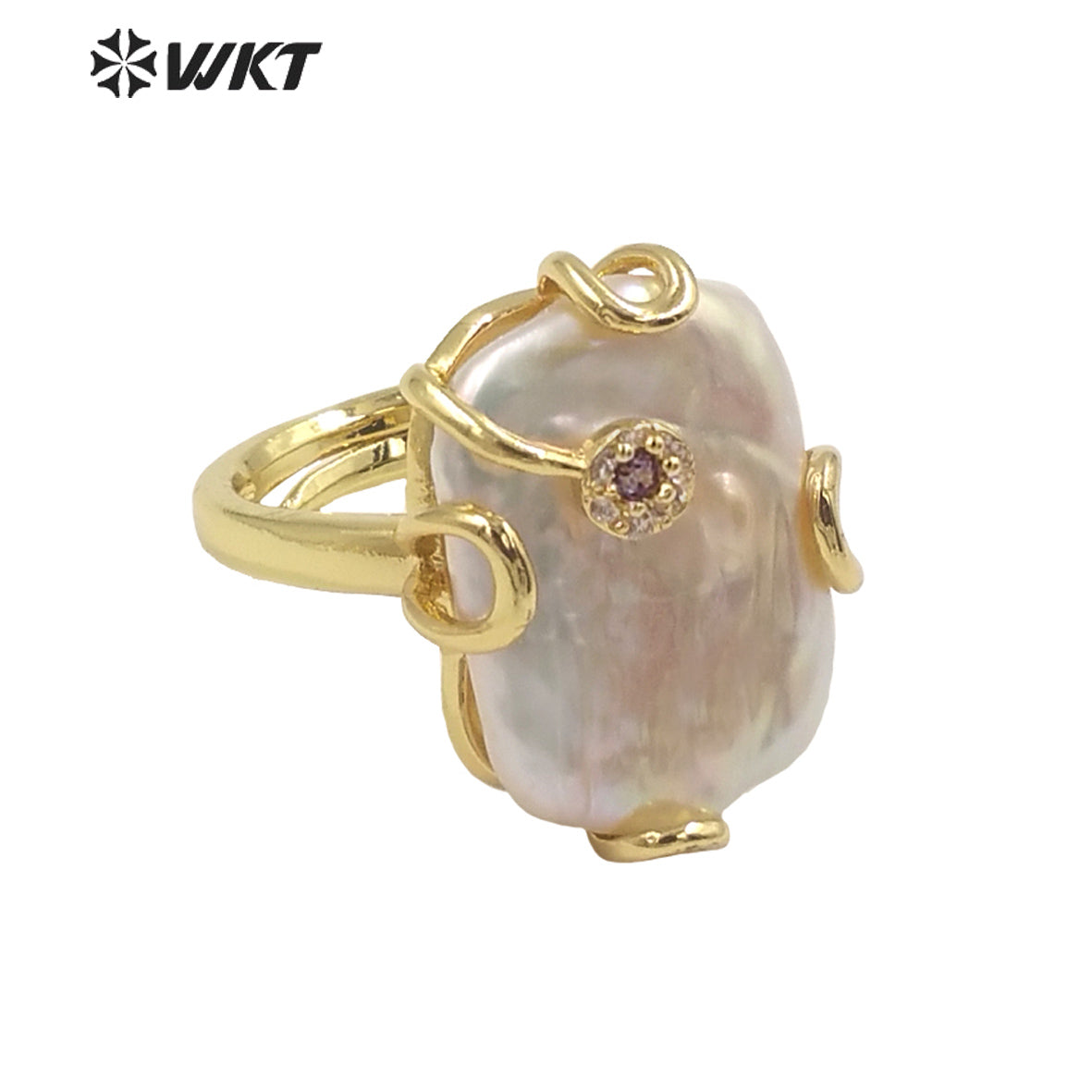 WT-MPR070 Gorgeous Trendy Fashion Natural Freshwater Pearl and Zircon Ring18k Gold Plating for Women Lucky Unique Design Ring