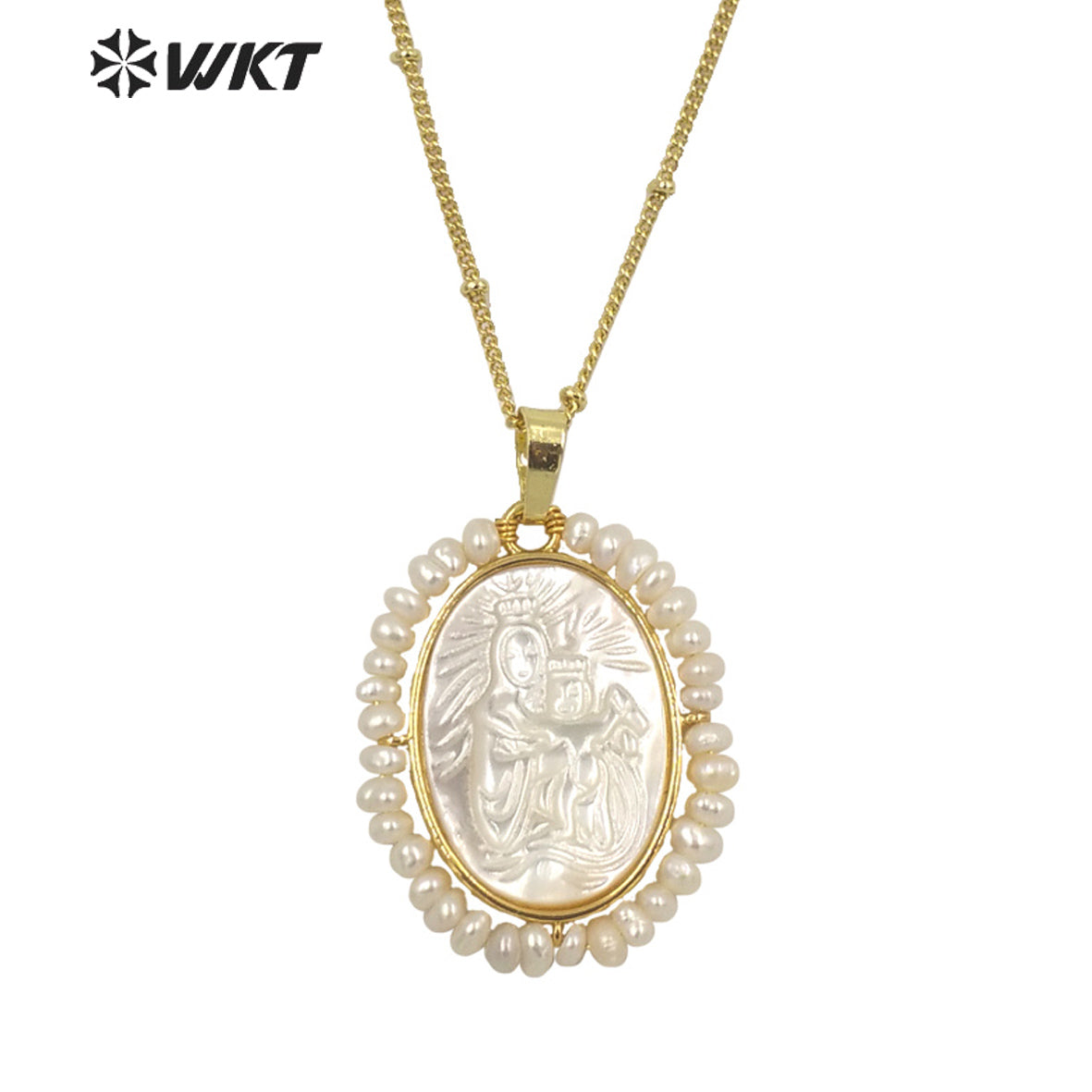 WT-JN158 Wholesale Unique Handmade Fashion Gold Bezel WIRE Wrapped Virgin Mary Pendant Necklace Freshwater Pearl Charm Necklace