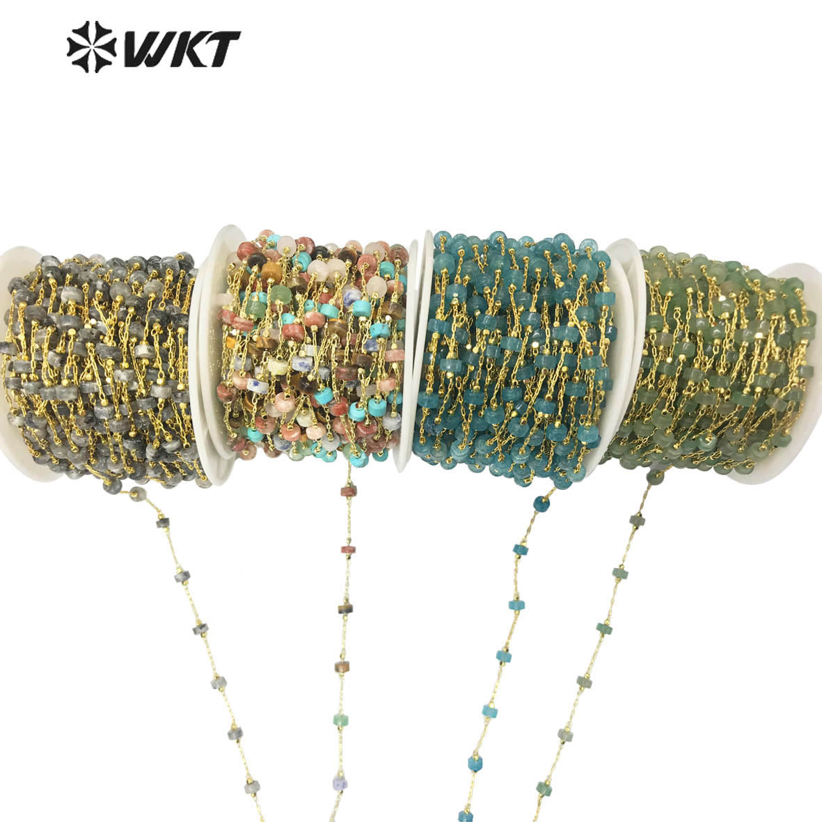 WT-RBC133 Stylish Accessory Stone Beads Chain 6mm Natural Stone Beads Rosary Necklace Chain Gold Plated Jewelry Beads Chain