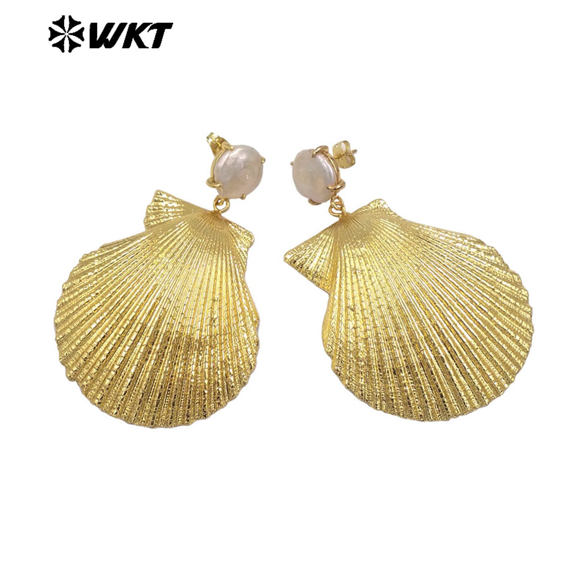 WT-MPE164 Popular Sales Ladies 18K Gold Natural Scallop Shell And Pearl Earrings For Summer Beach Vacation Jewelry Accessory