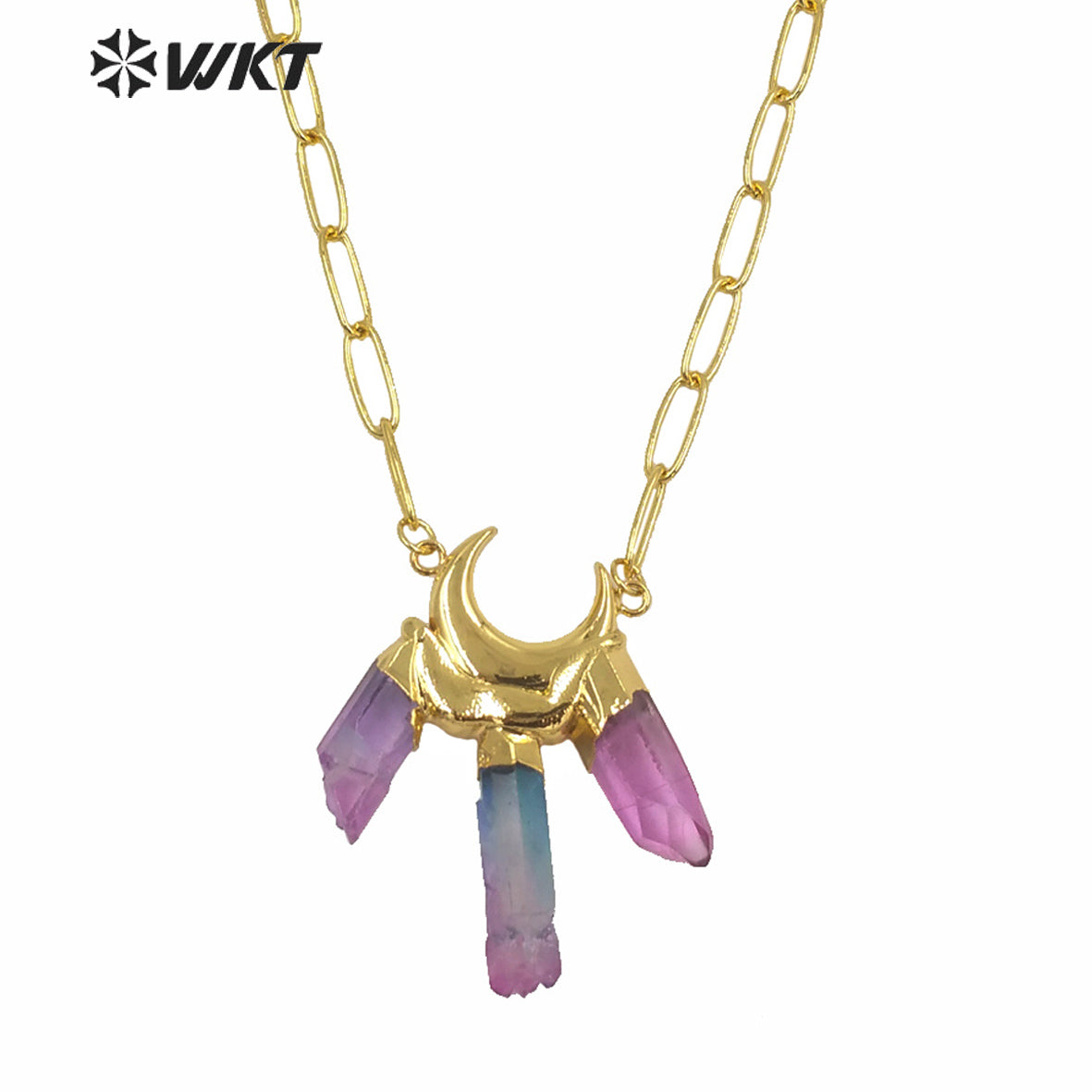 WT-N1251Wholesale New Rainbow Colorful Aura Quartz Statement Stone Necklace Fashion Triple Color Quartz Pendant Stone Necklace