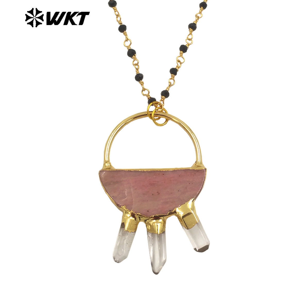 WT-N1470 Amazing New Design Semi Circle Geometric Natural Stone Pendant Necklace With Rosary Black Beads Chain