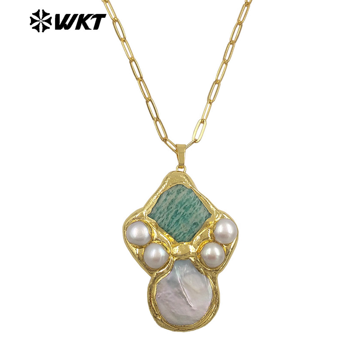 WT-JN345 Delicate Rectangle Chain With Gold Plated Natural Gemstones And Pearl Pendant Necklace For Unique Fashion Birthday Gift