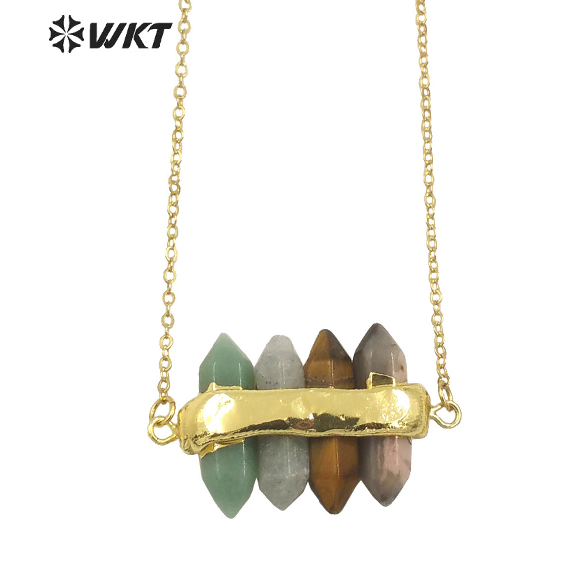 WT-N1460 WKT NEW Design Double Gemstone Point Rose Quartz Amethyst Energy Lucky Stone Necklace Many Colors Available