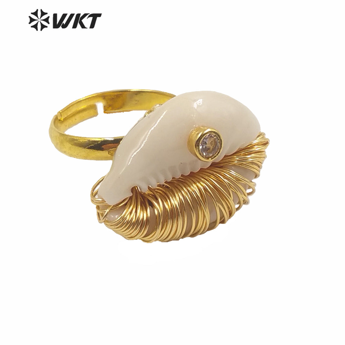 WT-MPR003 New Summer Hot Wire Brass Handmade Wrapped Natural Sea Cowrie Ring With Cz Charm Fashion Gold Summer Conch Rings