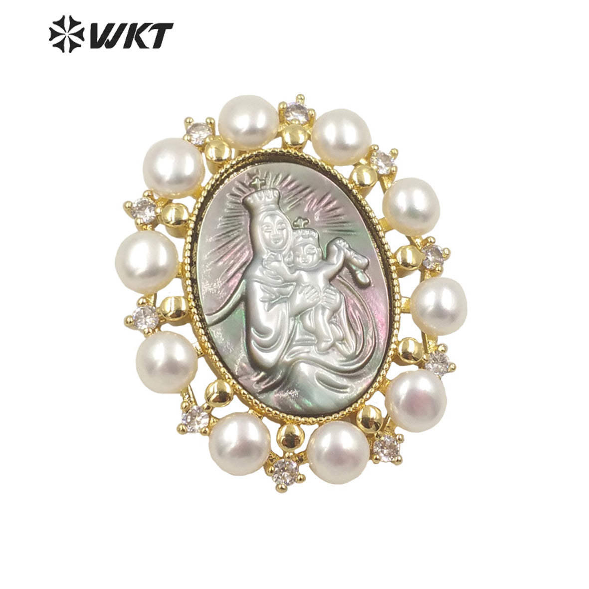 WT-JP276 WKT Gold Fashion Micro Pave Cubic Zircon Christian Religious Charm Pendant with Pearl Trim Royal Style Pearl Pendant
