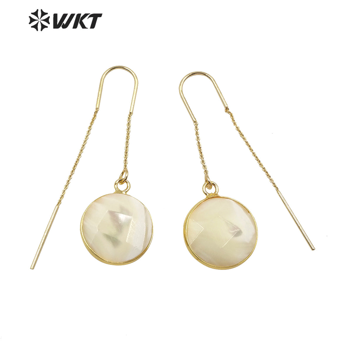 WT-E600 Stylish Round Faceted Polish Bright Shell Dangle Earrings Gold Bezel Charm Lady Round Shell Earrings for Gift
