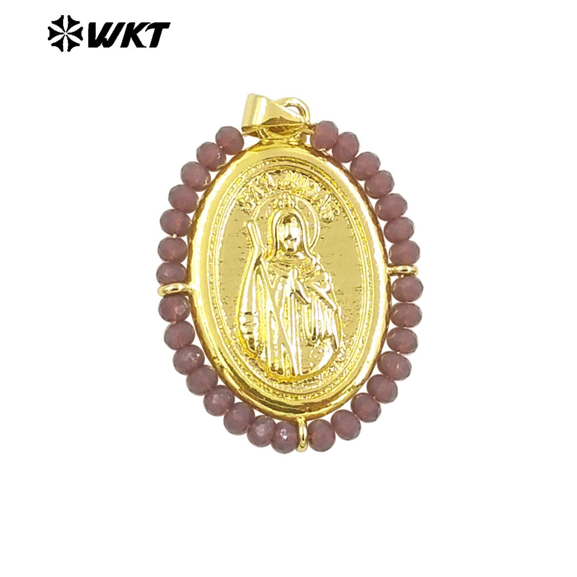 WT-MN989 Women Handmade Crystal Wire Wrapped Oval Shape 18K Gold Plated Miraculous Medal Necklace for Spring