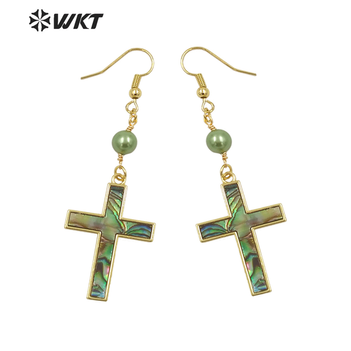 WT-MPE135 Wholesale Religious Christian Fashion Gold Bezel Setting Natural Shell Cross Pendant Earrings for Gift