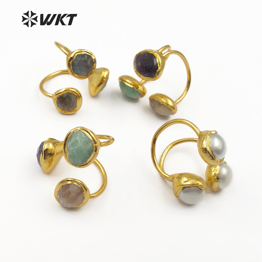 WT-R315 Vintage Design Three Stones on the Surface of the Ring Natural Amethyst Rose Quartz Labradorite and Pearls Mix Rings