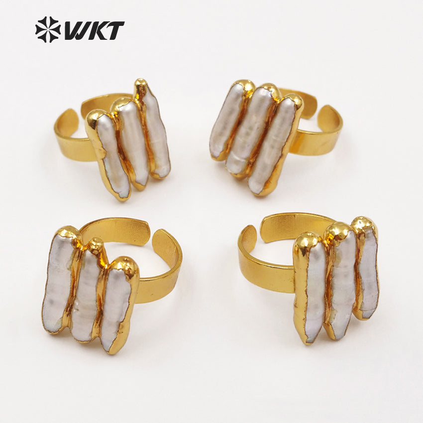 WT-R305 2018 New 18K Metal Electroplated Adjustable Rings Geometric Shape for Elegant Women with Freshwater Pearl Ring