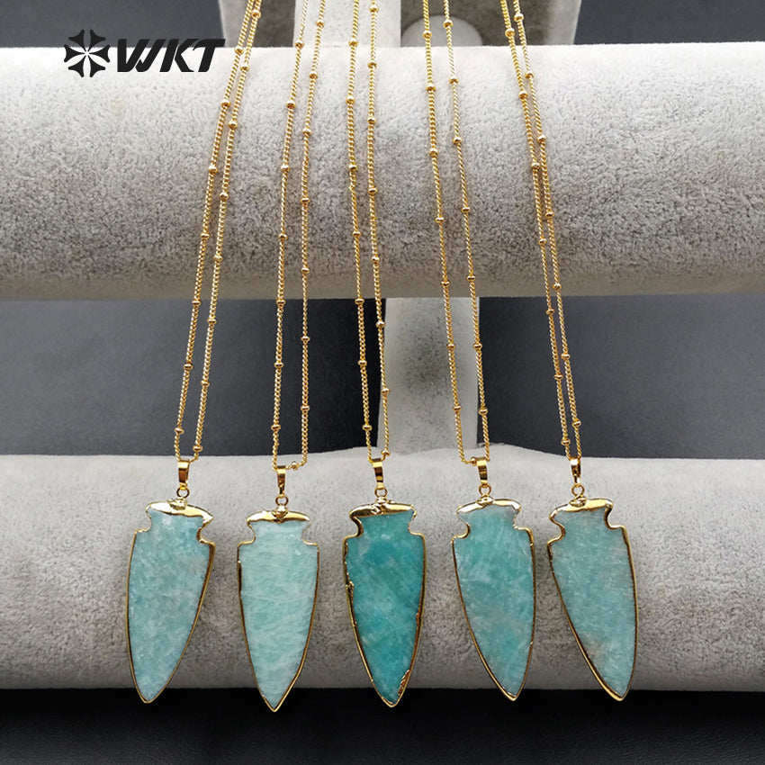 WT-N1003 Wholesale Hot Sale Generous Design Necklace 18 Inch 18K Gold Plated Chain Natural Amazonite Raw Stone Bead Chain