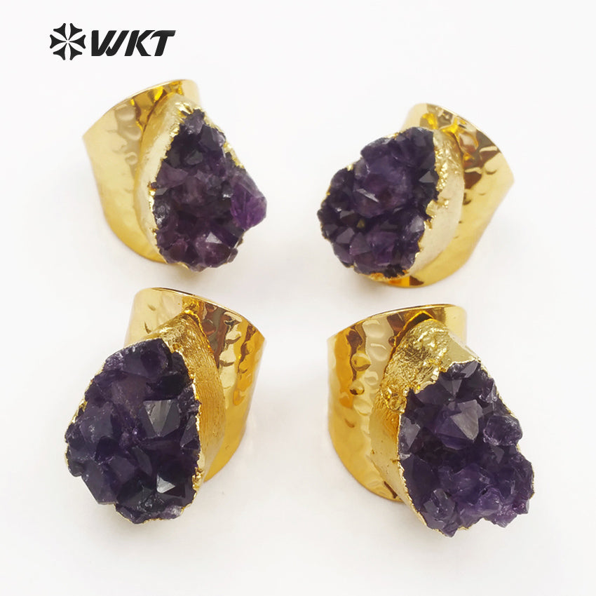 WT-R102 HOT SALES!! Fashion Design Amazing Round Druzy Amethyst Rings in 24k Gold Plated Druzy Amethyst Rings